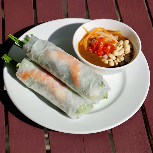 Two Vietnamese spring rolls with shrimp and greens, served with peanut dipping sauce on a white plate.