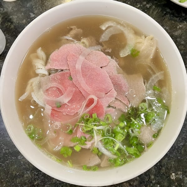 Close-up of a bowl of Pho 07 Vietnamese pho with thinly sliced beef, noodles, and green onions.